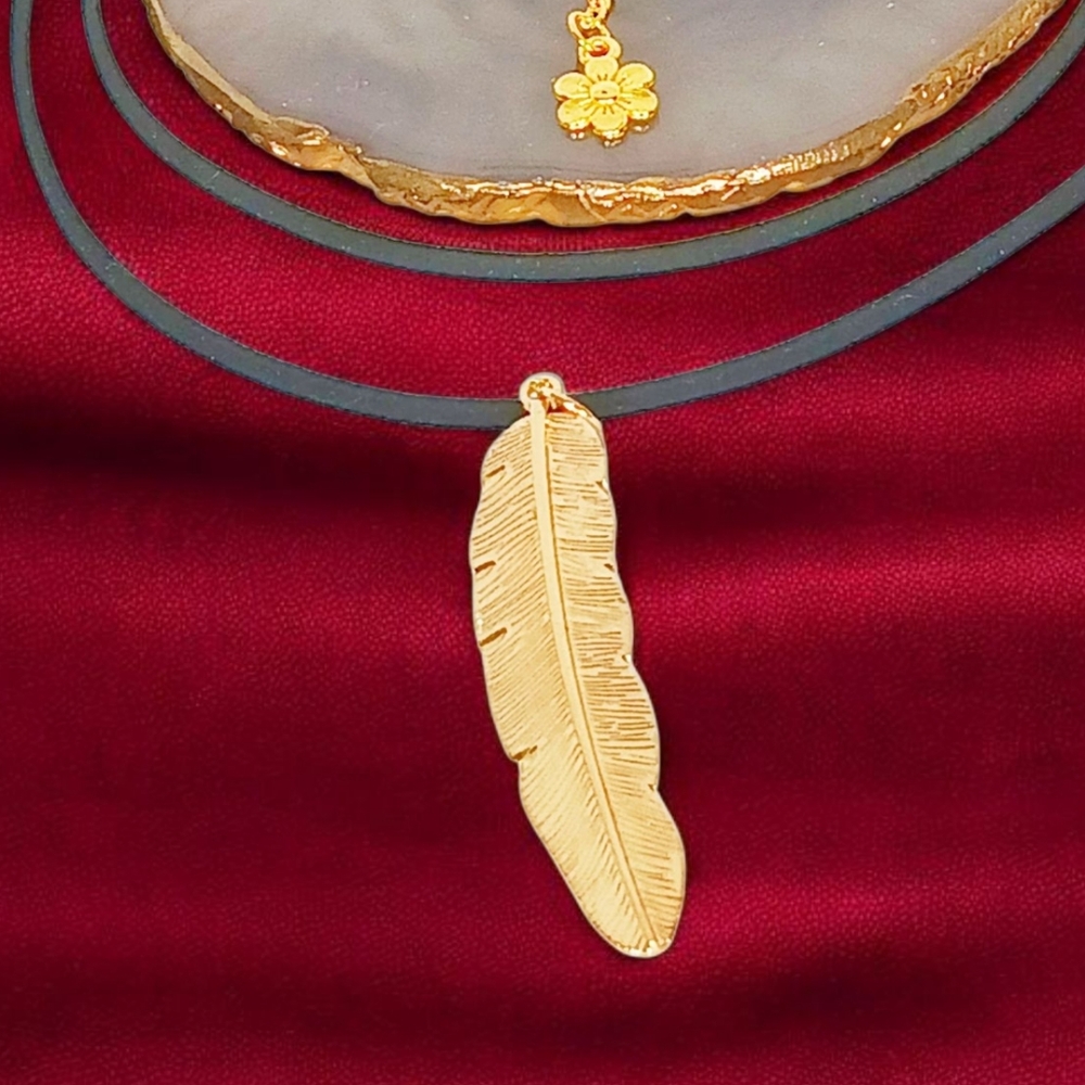 Long Leather Cord Necklace Gold Feather Charm Whimsigoth New Age Grunge 1990s